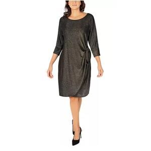 Robbie Bee Black Gold Metallic Side-Tie Sheath Dress Sz. M Cocktail Party Work